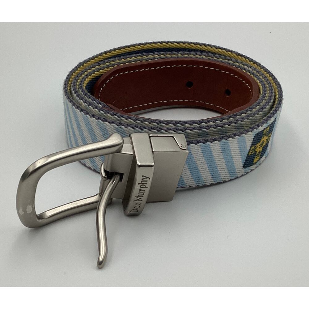 Doc Murphy Reversible Canvas & Leather Belt Blue White Stripe Crest Cross XL/XXL